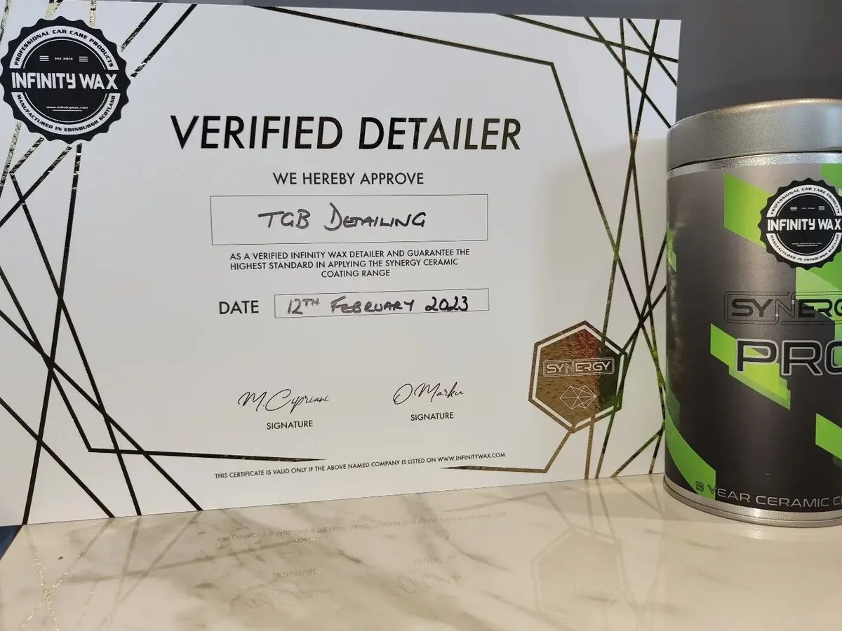 Infinity Wax Verified Detailer certificate approving TGB Detailing, dated 12 February 2023