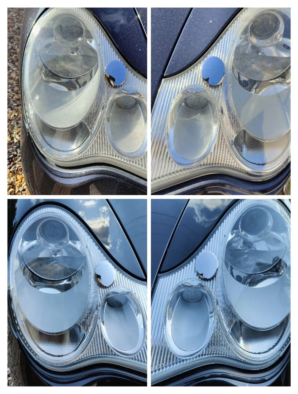 Four stages of a headlight restoration from cloudy to clear