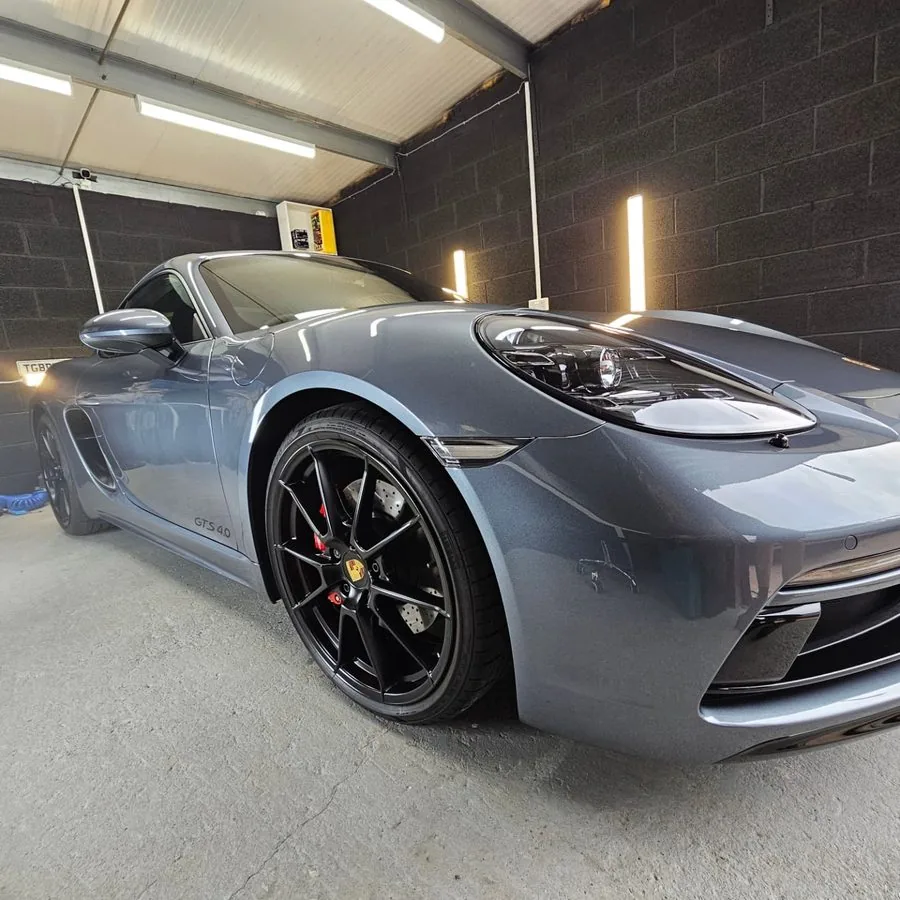 Porsche 718 Cayman GTS in the unit with wheels off